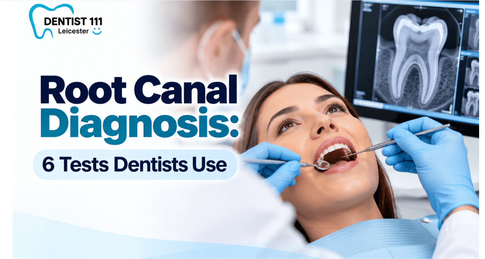 Dentist pointing to a digital dental X-ray on a monitor during a root canal diagnosis.